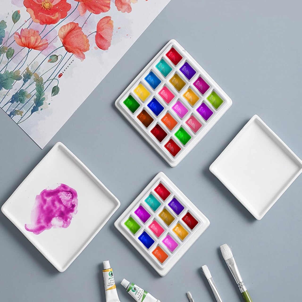 20 Wells Porcelain Paint Palette with Cover Ceramic Palette Mixing Tray for Painting Watercolor Gouache Color Mixing Painting Palette Hobby and Crafts